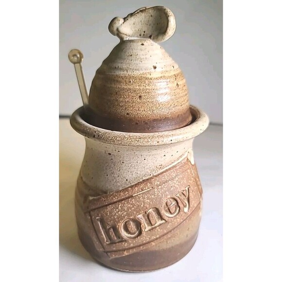 Wagner Village Pottery Glazed Honey Pot and Wooden Dipper Hand Made Signed - Picture 1 of 9